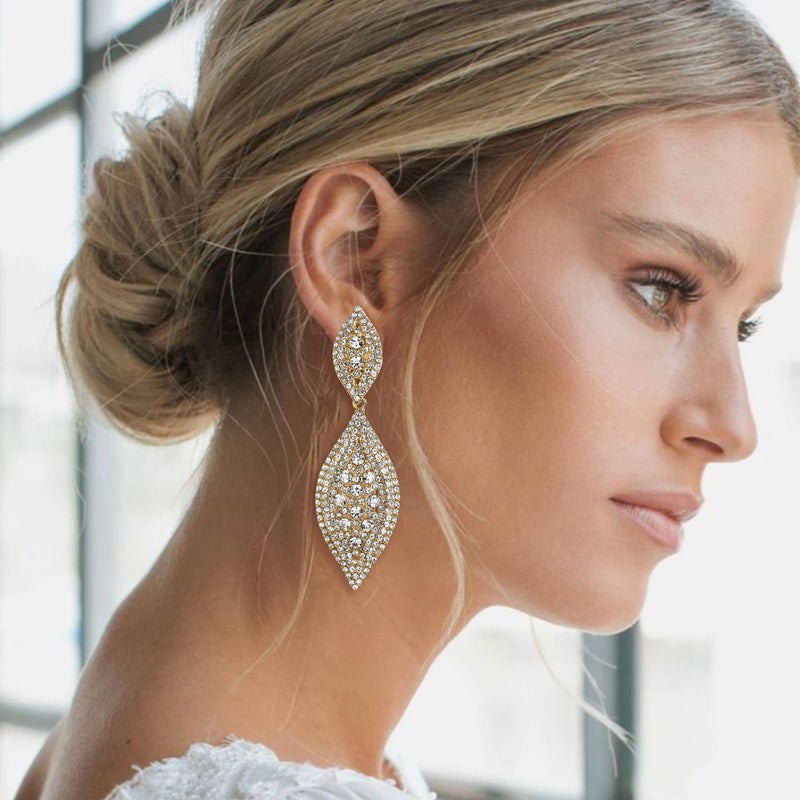 Flyonce Gold Earrings for Women, Sparkly Rhinestone Crystal Large Long Statement Wedding Party 2 Leaf Drop Dangle Chandelier Earrings for Brides Bridal Clear Gold-Tone 3.3" - Image 2